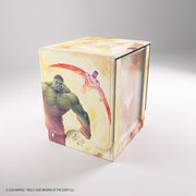 Gamegenic Squire PLUS 100+ XL Deck Box: Marvel Super Heroes - Door of Destinies - Rectangular deck box with colorful Marvel superheroes art featuring Hulk and Scarlet Witch on cream-yellow background.