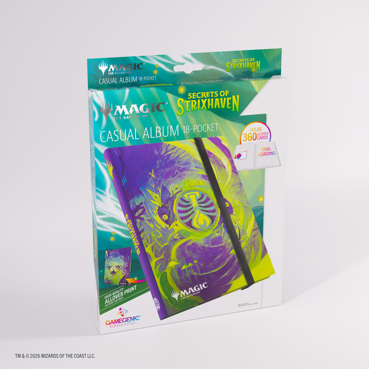 Gamegenic 18-Pocket Casual Album: Secrets of Strixhaven - Witherbloom (PREORDER) - Purple and green Secrets of Strixhaven Witherbloom-themed card album with yellow accents and elastic closure, packaged with.