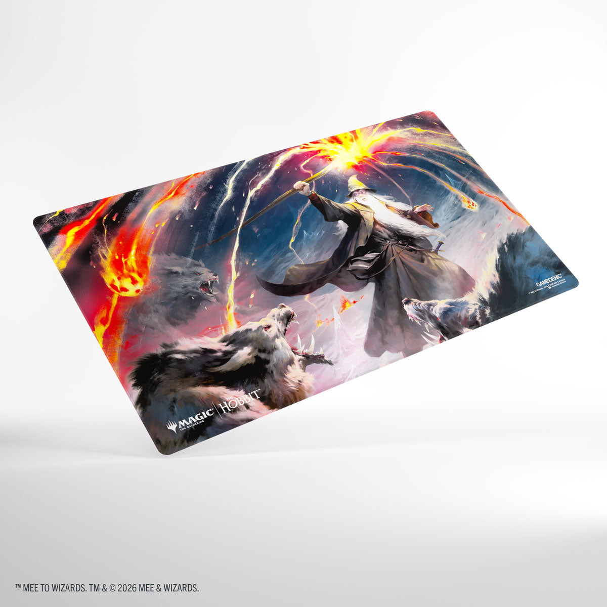 Gamegenic- Magic: The Gathering | The Hobbit Shiny Playmat - Maia 1 - Fantasy-themed playmat featuring a wizard casting a fiery spell with two gray wolves, vibrant reds and blues.