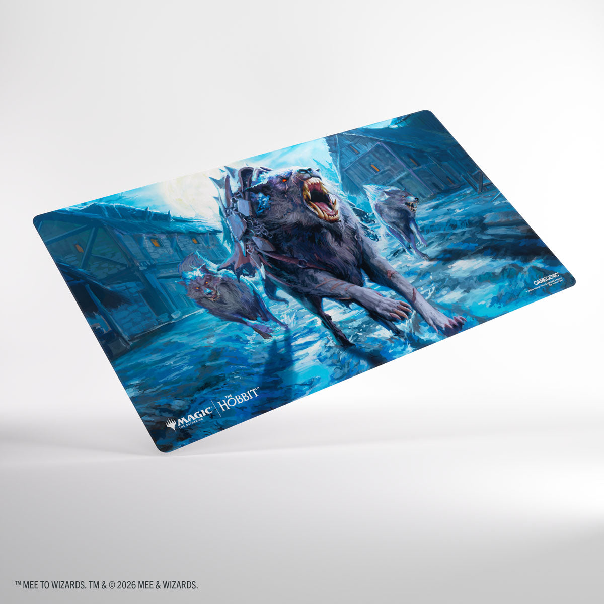 Gamegenic- Magic: The Gathering | The Hobbit Shiny Playmat - Head of the Hunt - Rectangular blue playmat featuring a fierce wolf-like beast running through a dark village scene, signature "Head of the.