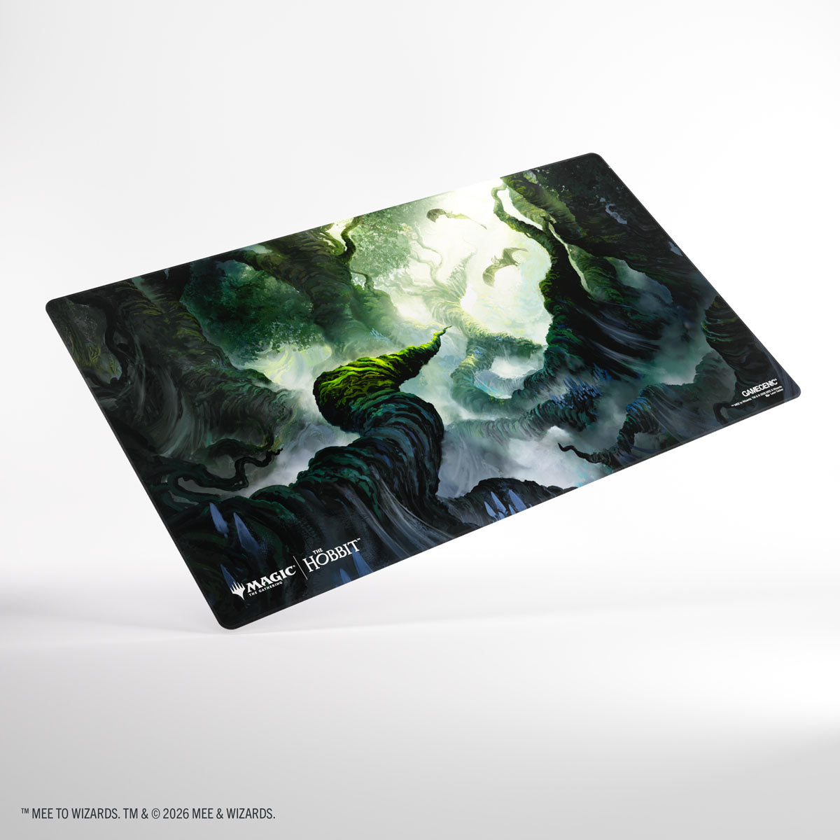 Gamegenic- Magic: The Gathering | The Hobbit Shiny Playmat - Mirkwood - Rectangular shiny playmat featuring dark green and black twisted forest trees with a glowing light source in the center,.
