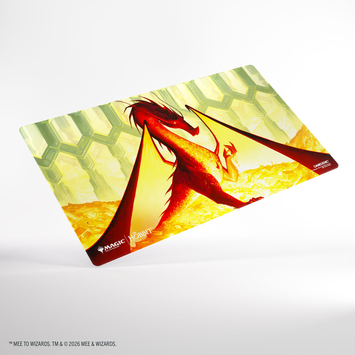 Gamegenic- Magic: The Gathering | The Hobbit Shiny Playmat - Smaug the Golden - Rectangular playmat featuring bright gold and red dragon Smaug against a hexagonal patterned yellow-green background.