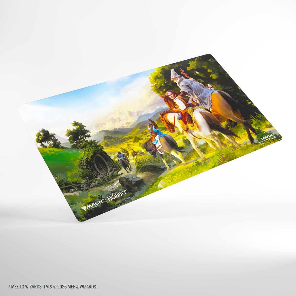 Gamegenic- Magic: The Gathering | The Hobbit Prime Playmat - Leaving Hobbiton - Rectangular playmat featuring vibrant fantasy artwork of a lush green landscape with a hobbit hole, characters on horseback,