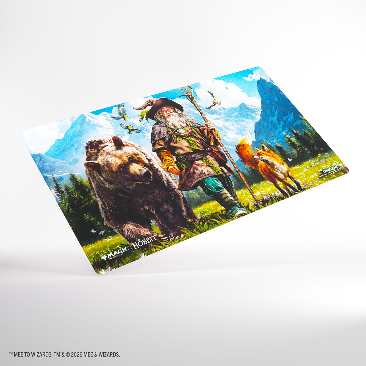 Gamegenic- Magic: The Gathering | The Hobbit Prime Playmat - Radagast of rhosgobel - Rectangular playmat featuring colorful fantasy artwork of Radagast the Brown with woodland creatures against a bright blue.
