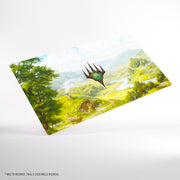 Gamegenic- Magic: The Gathering | The Hobbit Prime Playmat - The Shire - Rectangular playmat with vibrant green and yellow countryside landscape featuring a Hobbit hole and floating fantasy emblem.