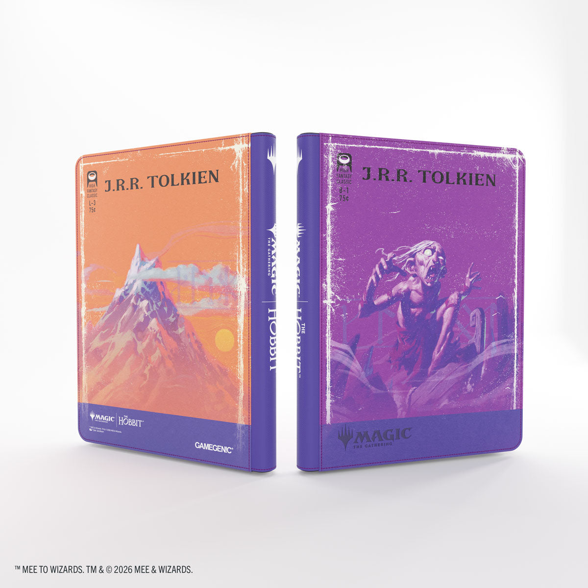 Gamegenic- Magic: The Gathering | The Hobbit Zip-Up Album 18-Pocket - Gollum, Riddle Master/ The Lonely Mountain - Folded zip-up album with orange cover featuring a mountain peak and purple cover with an illustrated character holding a.
