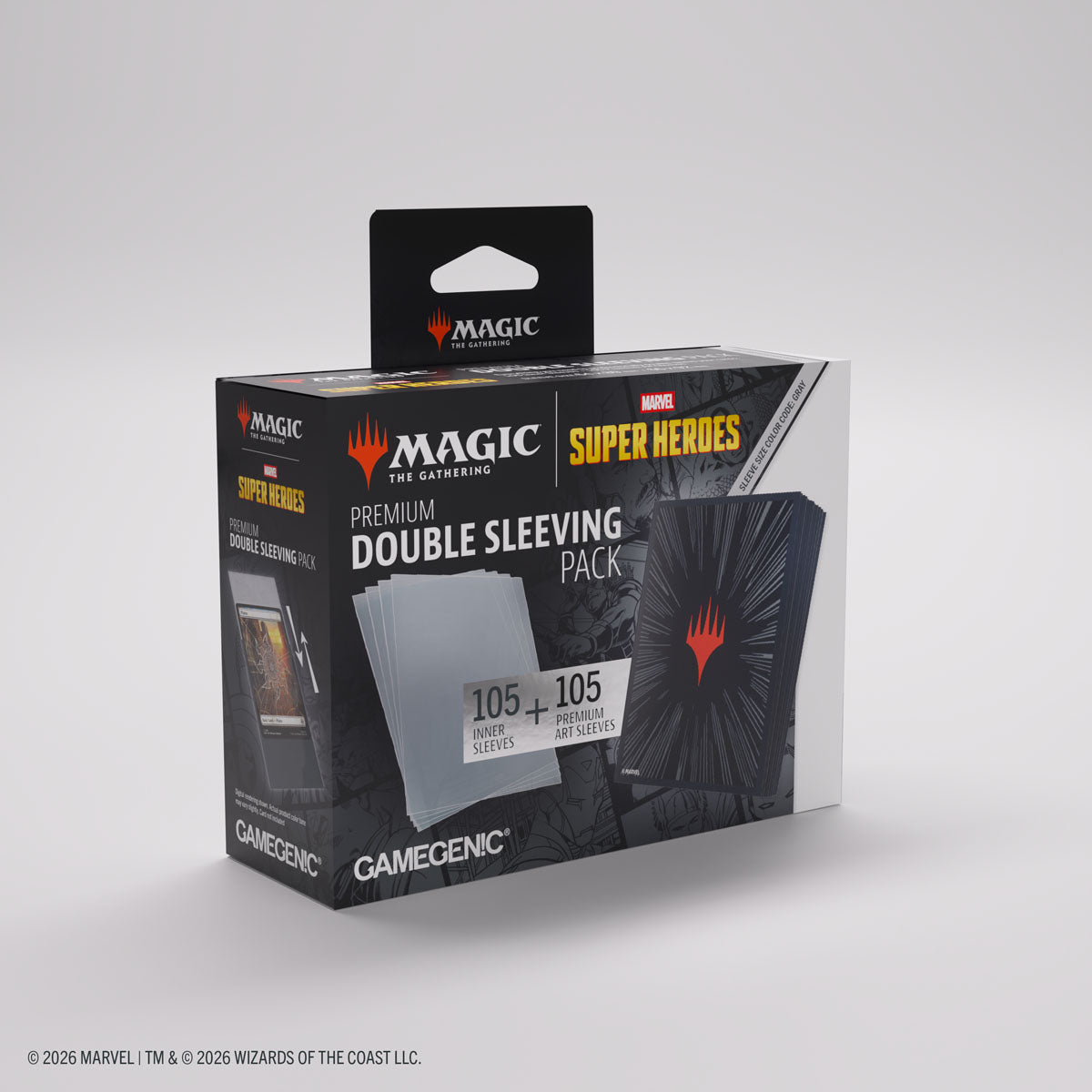 Gamegenic Premium Double Sleeving Pack: Marvel Super Heroes - Comic Burst Black - Gamegenic Premium Double Sleeving pack with black comic burst design and red accent, labeled for Marvel Super Heroes cards.