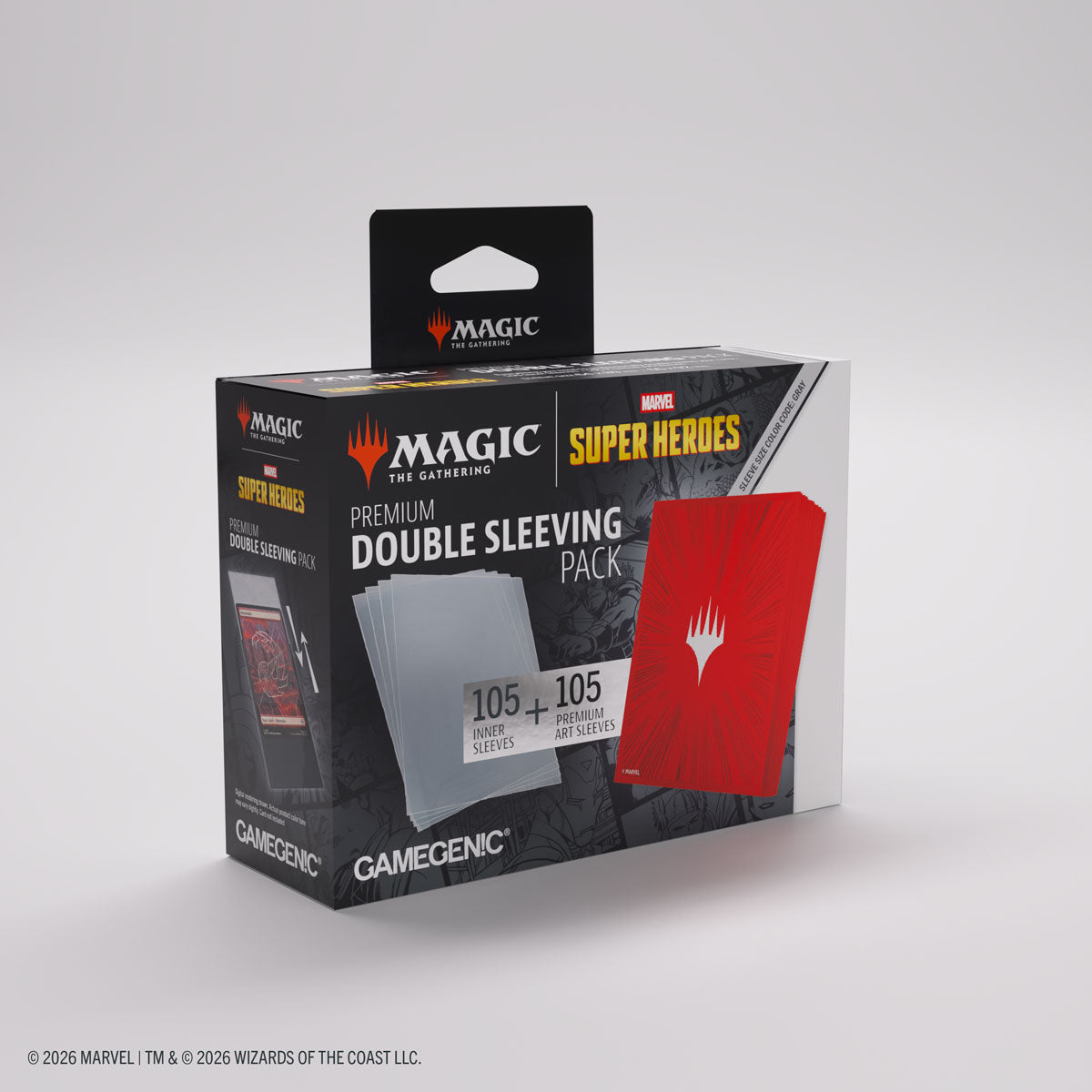 Gamegenic Premium Double Sleeving Pack: Marvel Super Heroes - Comic Burst Red - Black and gray box with red Marvel-themed card sleeves and "Double Sleeving Pack" label, 105 count each side.