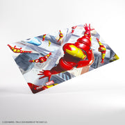 Gamegenic Prime Playmat: Marvel Super Heroes - Iron Man, Master of Machines - Rectangular playmat featuring Iron Man in red and gold armor flying through a cityscape with multiple repulsor blasts,.