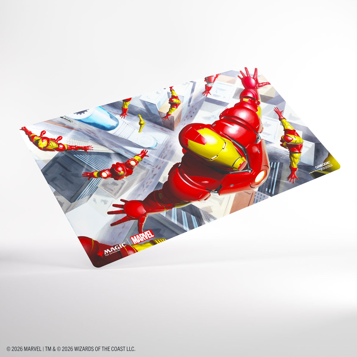 Gamegenic Prime Playmat: Marvel Super Heroes - Iron Man, Master of Machines - Rectangular playmat featuring Iron Man in red and gold armor flying through a cityscape with multiple repulsor blasts,.