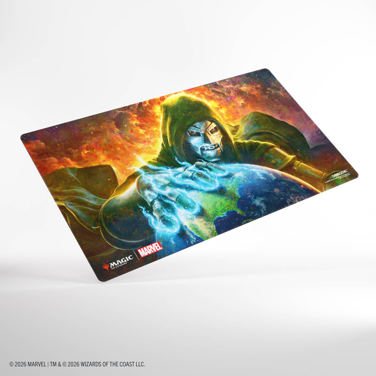 Gamegenic Shiny Playmat: Marvel Super Heroes - Doom Reigns Supreme - Rectangular playmat featuring Marvel's Doctor Doom with glowing green hood and metallic mask, casting energy over Earth.