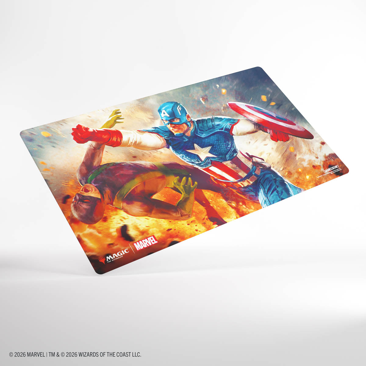 Gamegenic Prime Playmat: Marvel Super Heroes - Captain America, Super-Soldier - Rectangular playmat featuring dynamic Captain America artwork in red, white, and blue with shield and star motifs, vivid.