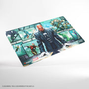 Gamegenic Prime Playmat: Marvel Super Heroes - Director Nick Fury - Rectangular playmat featuring Marvel's Director Nick Fury in a dark suit with a cityscape background and comic-style panels.