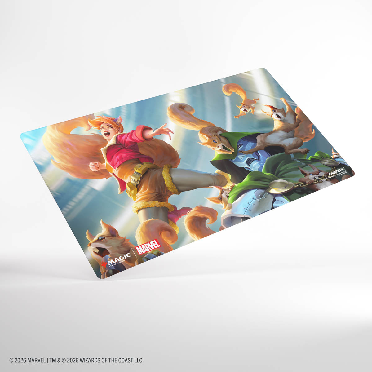 Gamegenic Prime Playmat: Marvel Super Heroes - Go Nuts! - Rectangular playmat featuring colorful, cartoon-style Marvel characters including Squirrel Girl, set against a bright blue.