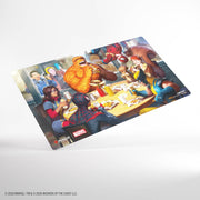 Gamegenic Prime Playmat: Marvel Super Heroes - Heroic Feast - Rectangular playmat featuring Marvel superheroes gathered around a table enjoying a meal, vibrant colors and detailed.