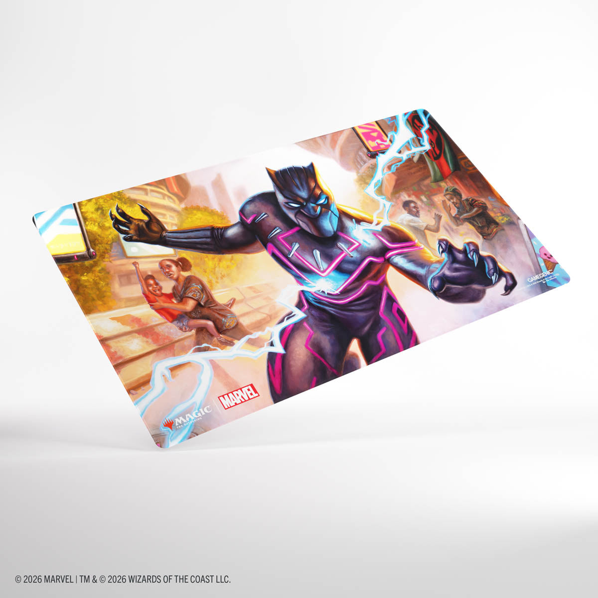 Gamegenic Shiny Playmat: Marvel Super Heroes - Striking Black Panther - Glossy playmat featuring Black Panther in a dynamic pose with vibrant purple and blue accents on a cityscape background.