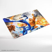 Gamegenic Shiny Playmat: Marvel Super Heroes - The Fantastic Four - Glossy rectangular playmat featuring vibrant Marvel Fantastic Four characters in action poses against a fiery background.