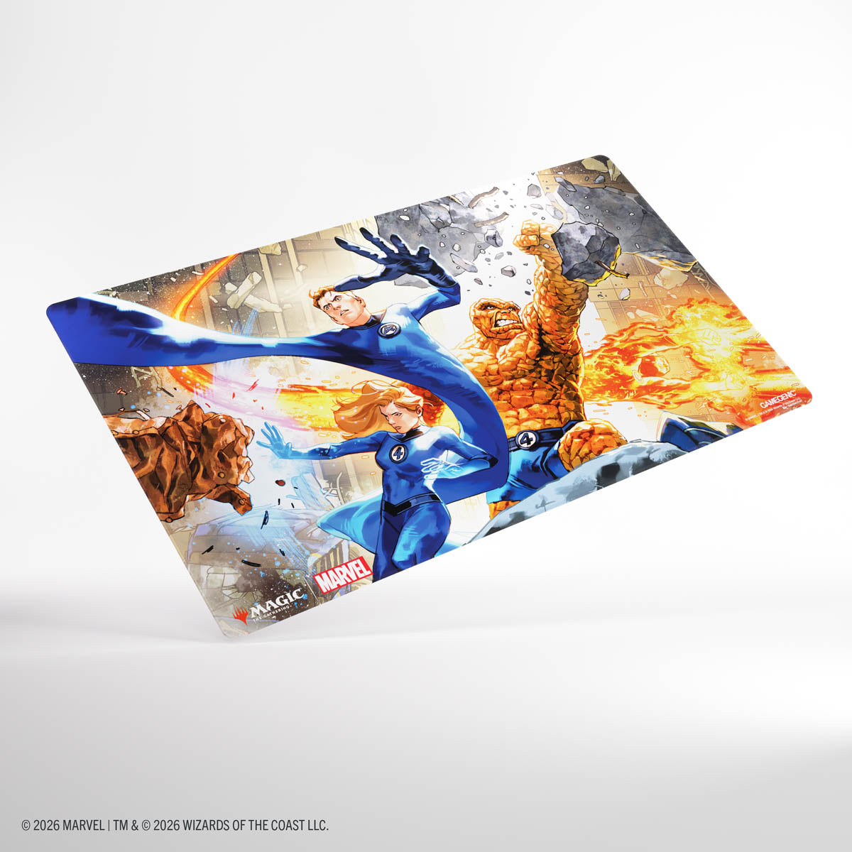 Gamegenic Shiny Playmat: Marvel Super Heroes - The Fantastic Four - Glossy rectangular playmat featuring vibrant Marvel Fantastic Four characters in action poses against a fiery background.