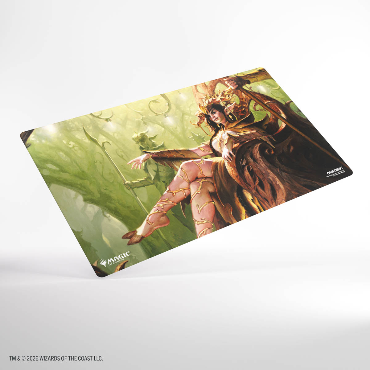 Gamegenic Prime Playmat: Lorwyn Eclipsed - High Perfect Morcant - Fantasy-themed playmat featuring a detailed illustration of a regal elf woman holding a staff, set against a lush green.