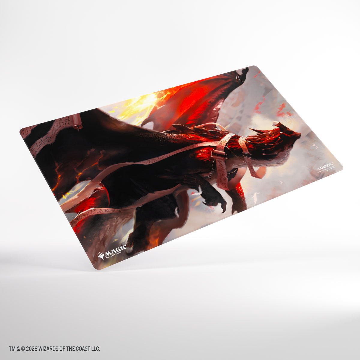 Gamegenic Shiny Playmat: Secrets of Strixhaven - Lorehold, the Historian (PREORDER) - Rectangular gaming playmat with vibrant red and black fantasy artwork featuring a figure in a flowing cloak and glowing.