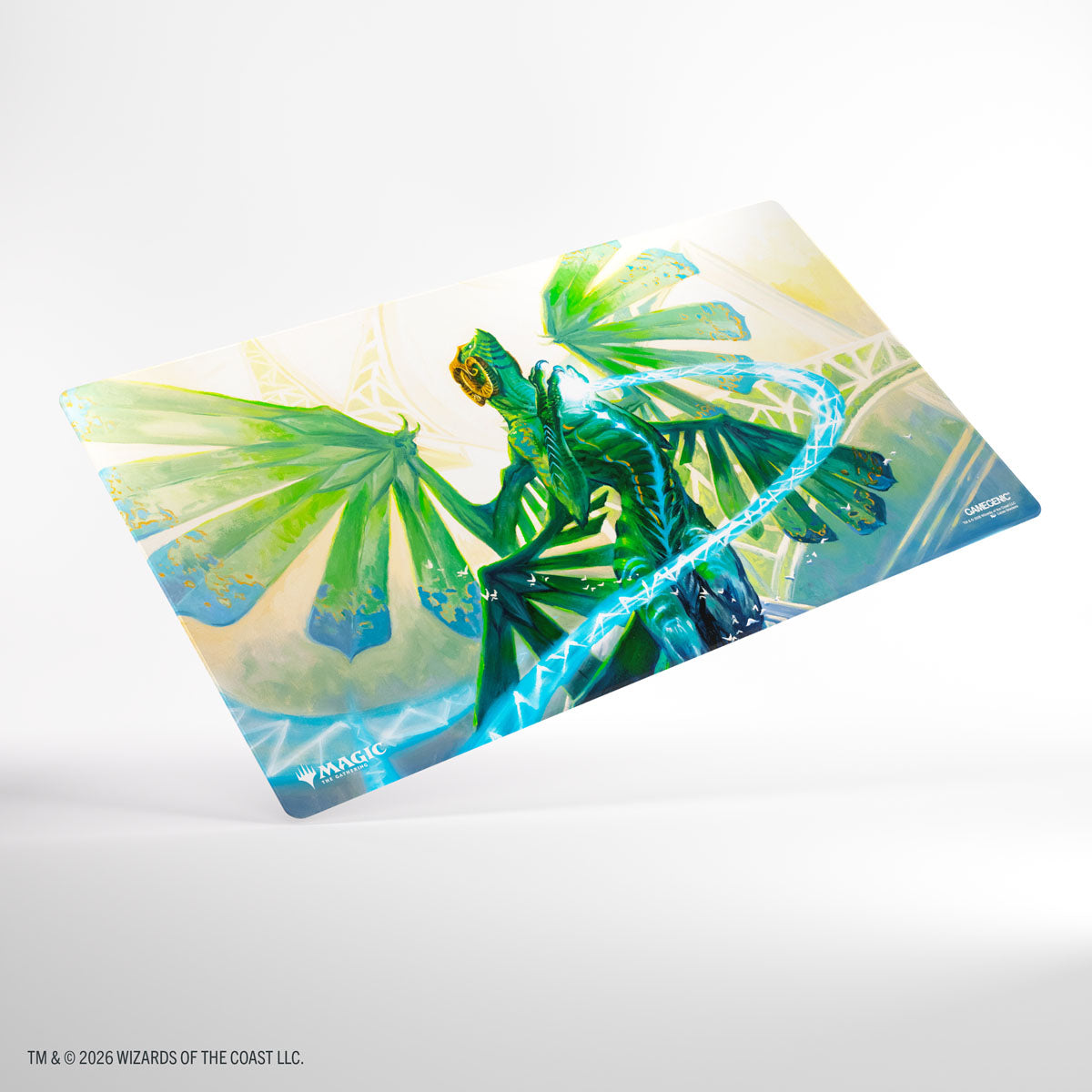 Gamegenic Shiny Playmat: Secrets of Strixhaven - Quandrix, the Proof (PREORDER) - Playmat with vibrant green and blue dragon-like creature with large wings, dynamic magical effects, and geometric patterns.