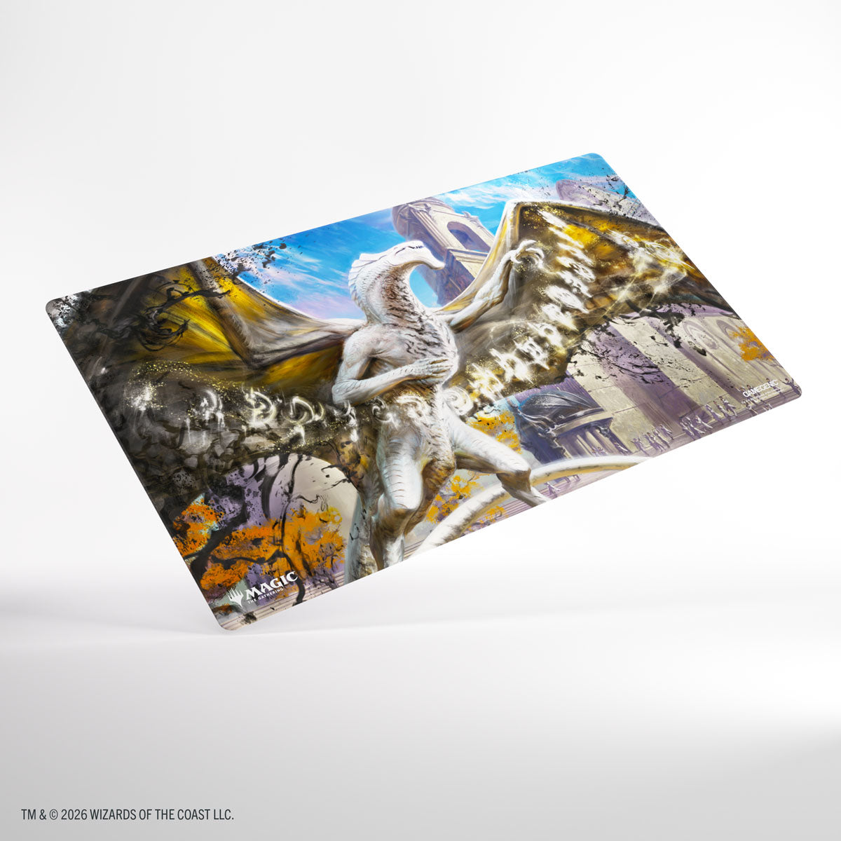 Gamegenic Shiny Playmat: Secrets of Strixhaven - Silverquill, the Disputant (PREORDER) - Rectangular game playmat featuring a detailed white-winged angel statue with golden accents against a blue sky and gothic.