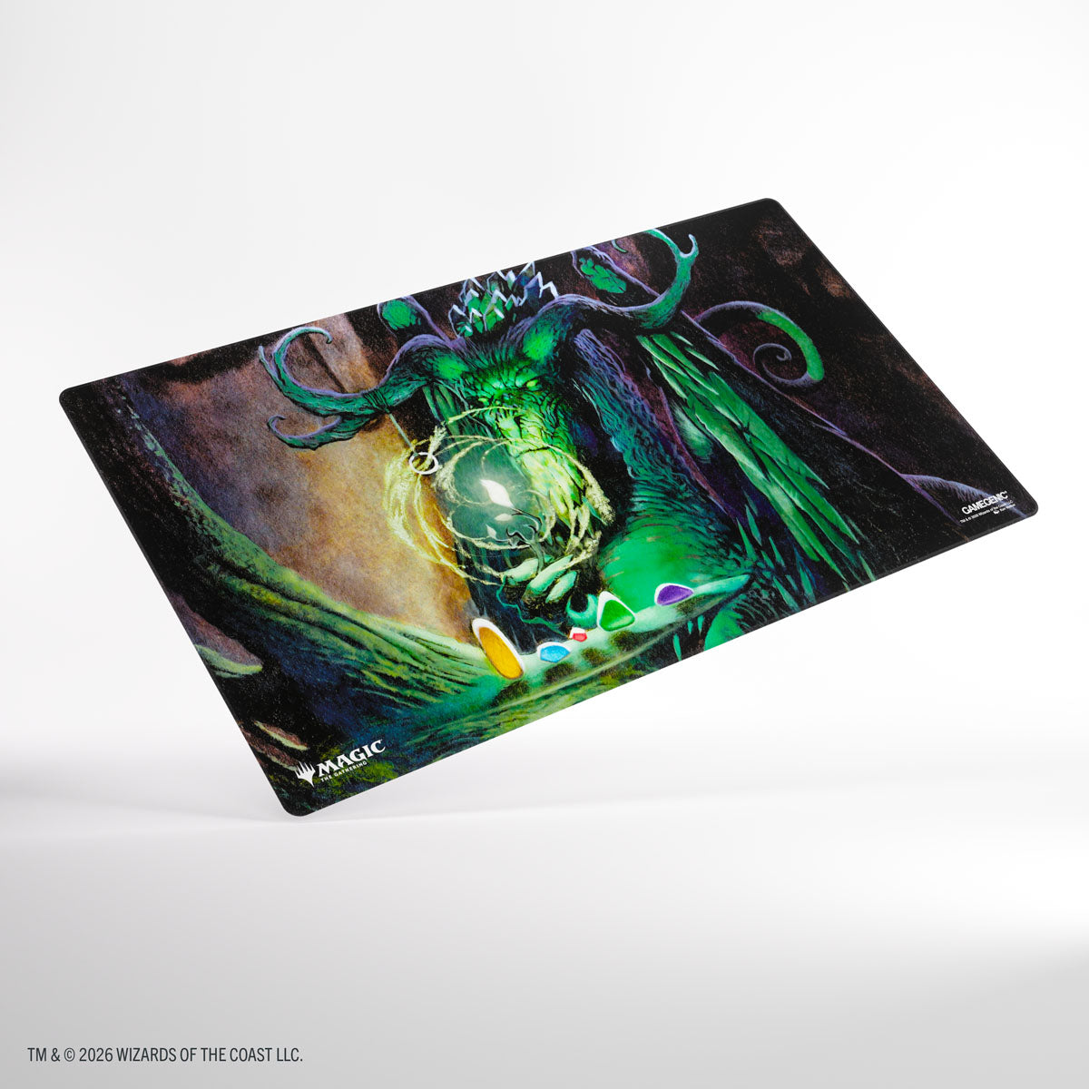 Gamegenic Shiny Playmat: Secrets of Strixhaven - Witherbloom, the Balancer (PREORDER) - Rectangular gaming playmat featuring dark, mystical green and purple with an enchanted forest spirit holding a glowing orb,.