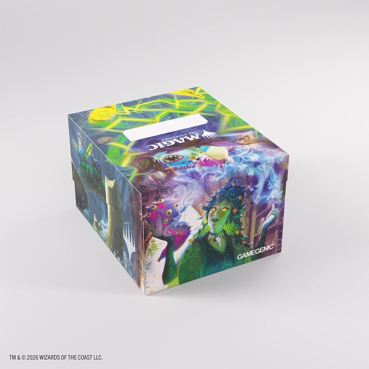 Gamegenic Soft Crate 100+ XL: Secrets of Strixhaven - Bogwater Lumaret/Dina, Essence Brewer (PREORDER) - Colorful cardboard cube deck box with fantasy artwork of a mystical figure and magical effects, Secrets of Strixhaven theme.