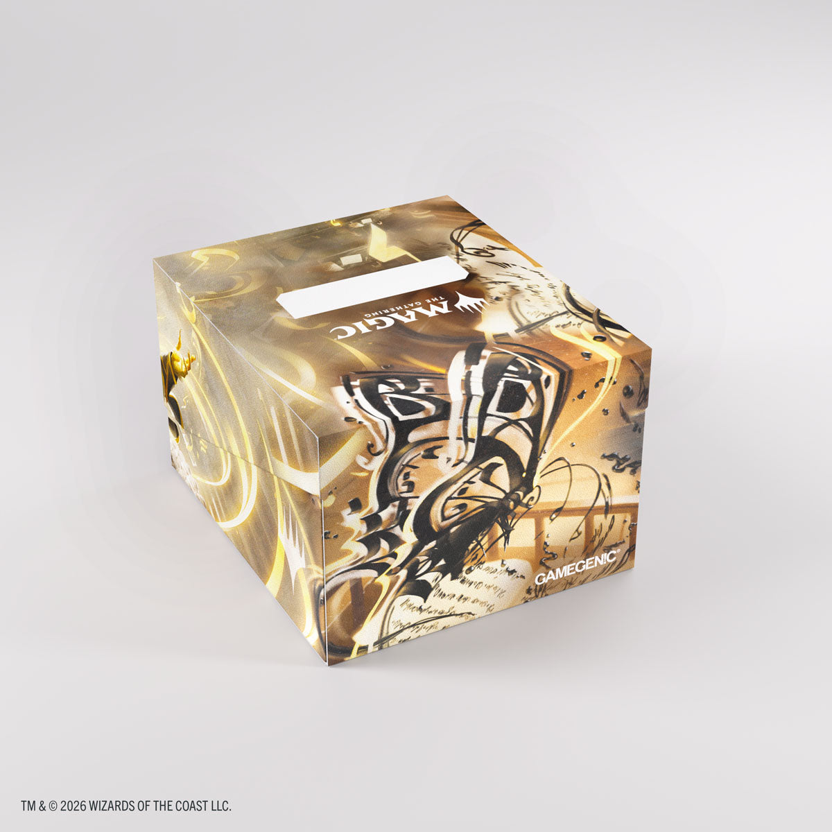 Gamegenic Soft Crate 100+ XL: Secrets of Strixhaven - Stirring Hopesinger/Inkling Token (PREORDER) - Rectangular card storage box with gold and black abstract design featuring a stylized figure and white logo on top.