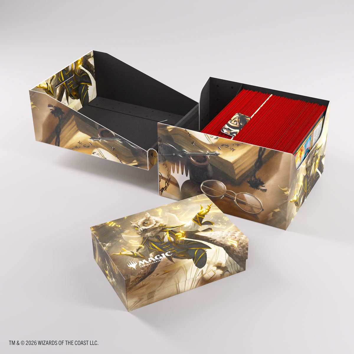 Gamegenic Soft Crate 100+ XL: Secrets of Strixhaven - Stirring Hopesinger/Inkling Token (PREORDER) - Folded soft storage crate with fantasy-themed artwork and a black interior, holding red-bordered card decks.