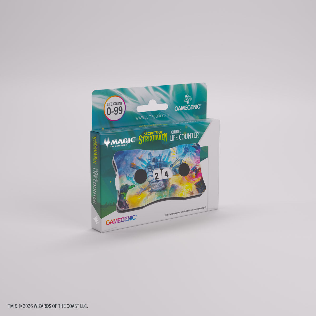 Gamegenic Double Life Counter: Secrets of Strixhaven - Moment of Reckoning (PREORDER) - Compact rectangular life counter featuring colorful magical symbols and digital display, housed in clear plastic packaging.