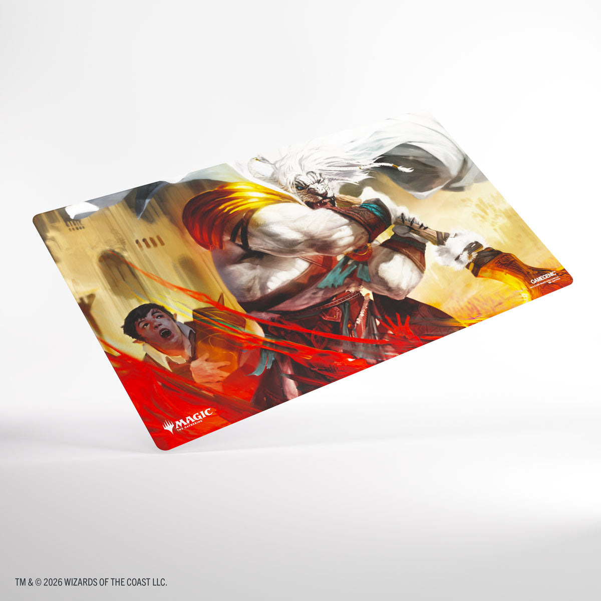 Gamegenic Prime Playmat: Secrets of Strixhaven - Ajani's Response (PREORDER) - Gaming playmat featuring dynamic fantasy art of a white lion warrior wielding a large weapon with fiery red and orange.