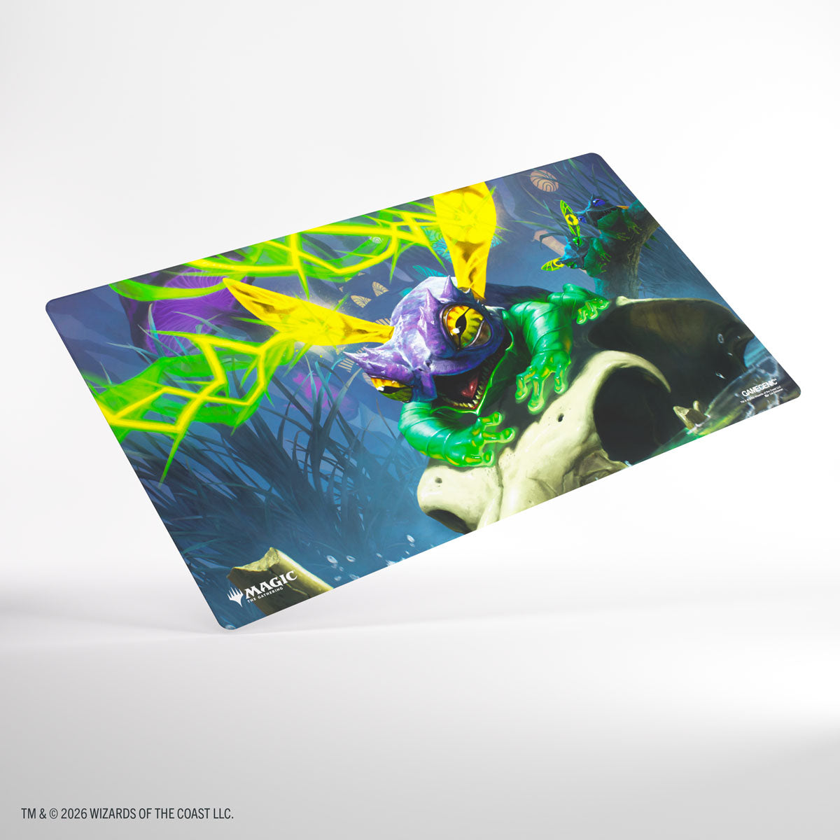Gamegenic Prime Playmat: Secrets of Strixhaven - Bogwater Lumaret(PREORDER) - Colorful rectangular playmat featuring a vibrant purple and green frog perched on a white skull, with bright yellow.