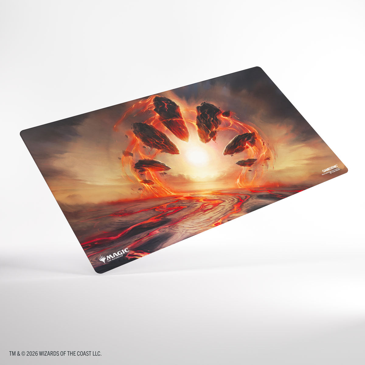 Gamegenic Prime Playmat: Secrets of Strixhaven - Sundown Pass (PREORDER) - Rectangular gaming playmat featuring a fiery volcanic landscape with glowing molten cracks and a shattered orb emitting.