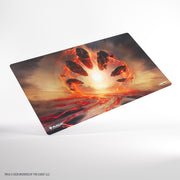 Gamegenic Prime Playmat: Secrets of Strixhaven - Sundown Pass (PREORDER) - Rectangular gaming playmat featuring a fiery volcanic landscape with glowing molten cracks and a shattered orb emitting.