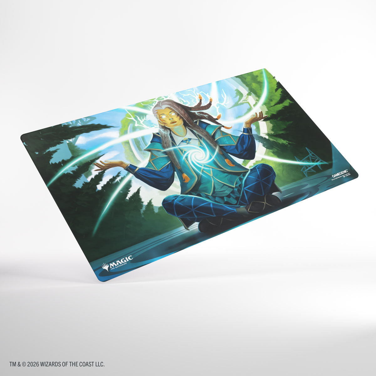 Gamegenic Prime Playmat: Secrets of Strixhaven - Tam, Observant Sequencer (PREORDER) - Rectangular playmat featuring a meditative character in blue robes with glowing green magic symbols against a dark green and