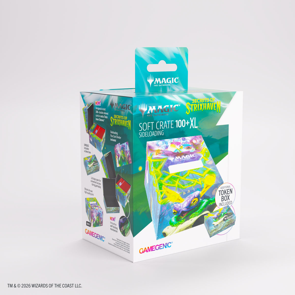 Gamegenic Soft Crate 100+ XL: Secrets of Strixhaven - Bogwater Lumaret/Dina, Essence Brewer (PREORDER) - Rectangular box with green and blue colors featuring artwork of a fantasy character holding glowing green objects, labeled.