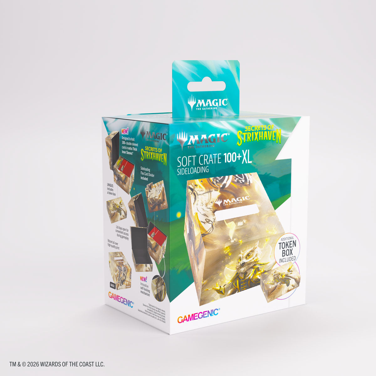Gamegenic Soft Crate 100+ XL: Secrets of Strixhaven - Stirring Hopesinger/Inkling Token (PREORDER) - Rectangular Gamegenic Soft Crate 100+ XL storage box with colorful Secrets of Strixhaven-themed artwork and a clear window.