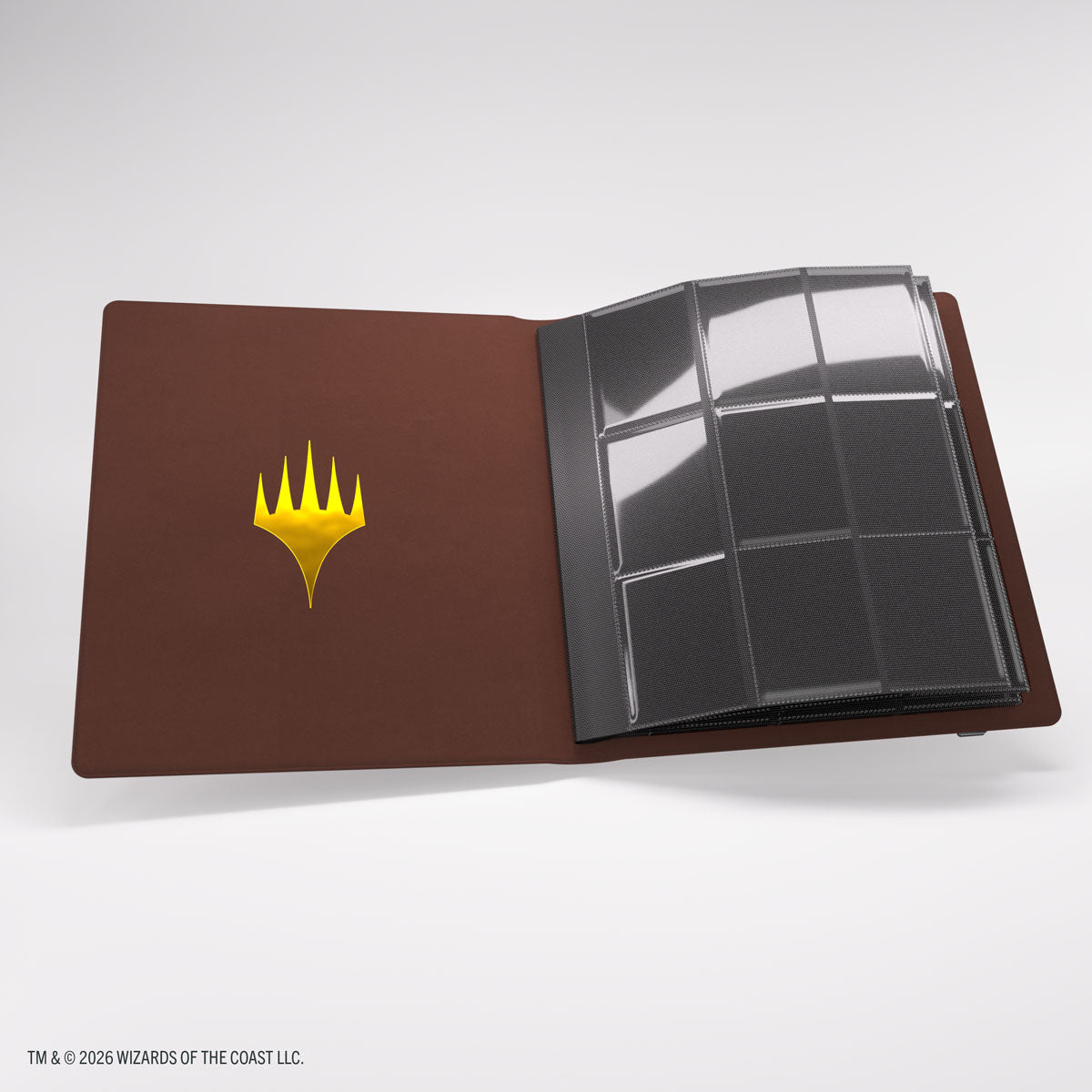 Gamegenic 18-Pocket Card Almanac: Secrets of Strixhaven - Silverquill (PREORDER) - Brown card binder with a yellow emblem on the cover and clear 18-pocket plastic pages inside.