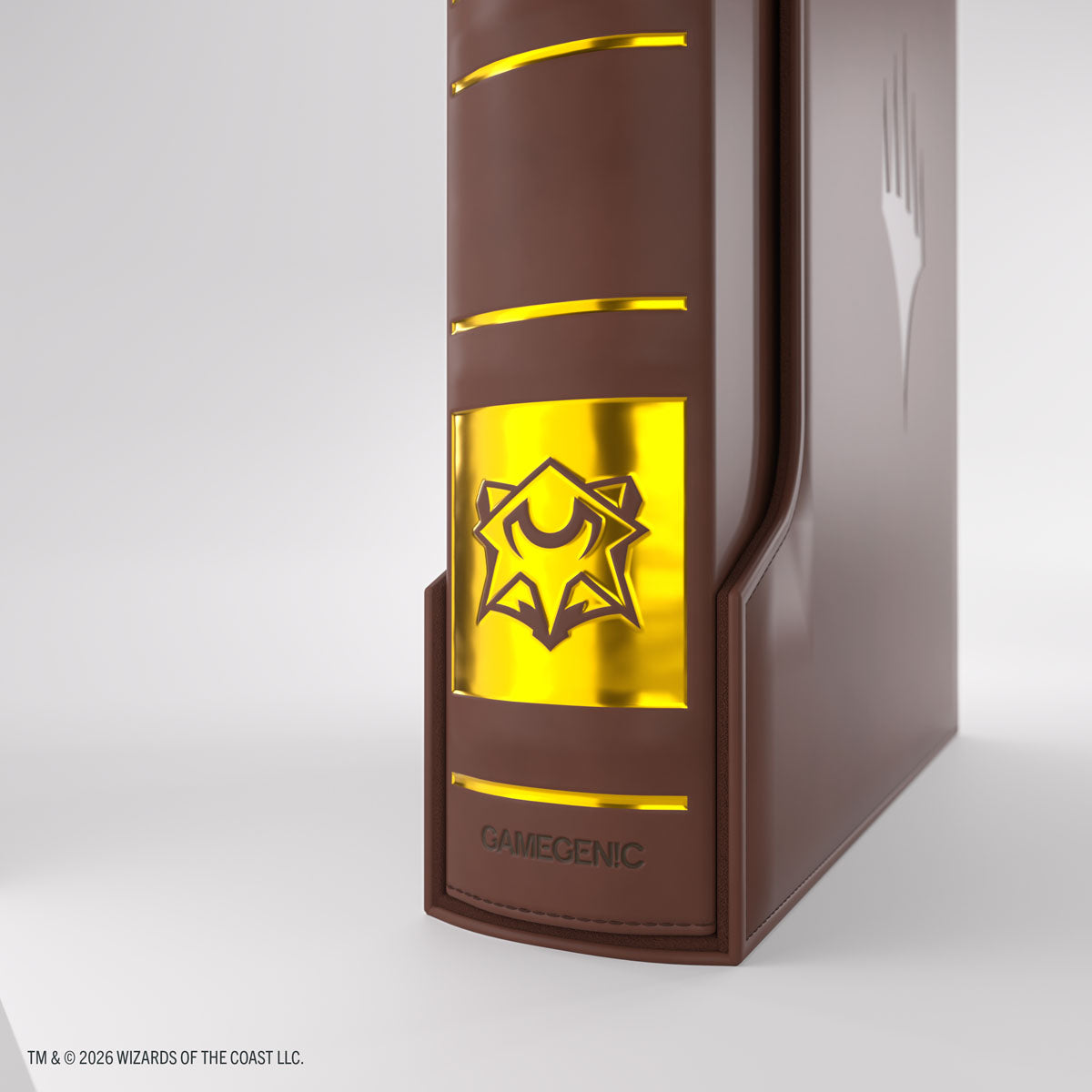 Gamegenic 18-Pocket Card Almanac: Secrets of Strixhaven - Lorehold (PREORDER) - Brown binder with gold foil emblem and accents, designed to hold 18 card sleeves.