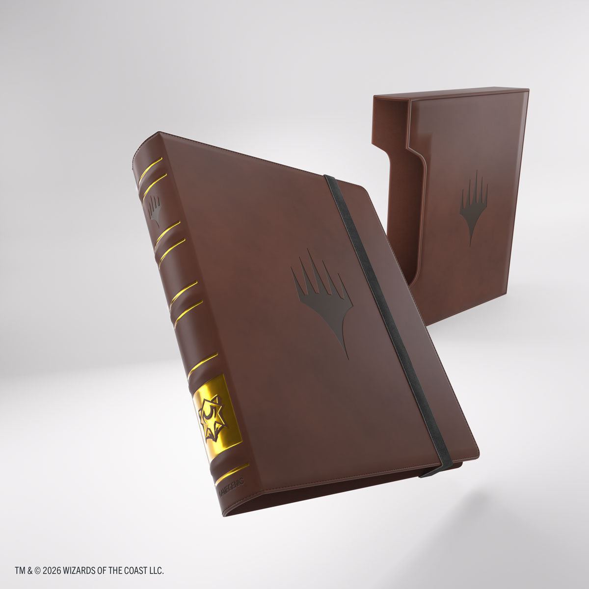 Gamegenic 18-Pocket Card Almanac: Secrets of Strixhaven - Silverquill (PREORDER) - Brown leather binder with gold and black accents, embossed hand symbol, elastic strap closure, and matching slipcase.