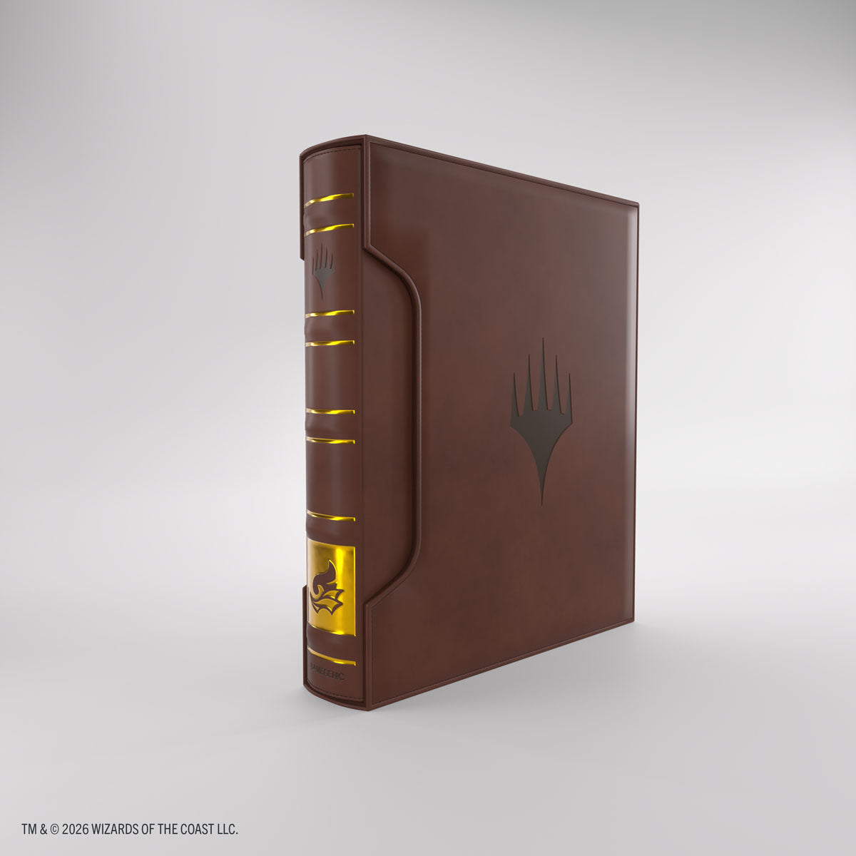 Gamegenic 18-Pocket Card Almanac: Secrets of Strixhaven - Prismari (PREORDER) - Brown faux leather card binder with 18 clear pockets, gold accent spine, and black stylized flame logo on front cover.