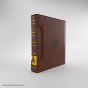 Gamegenic 18-Pocket Card Almanac: Secrets of Strixhaven - Prismari (PREORDER) - Brown faux leather card binder with 18 clear pockets, gold accent spine, and black stylized flame logo on front cover.