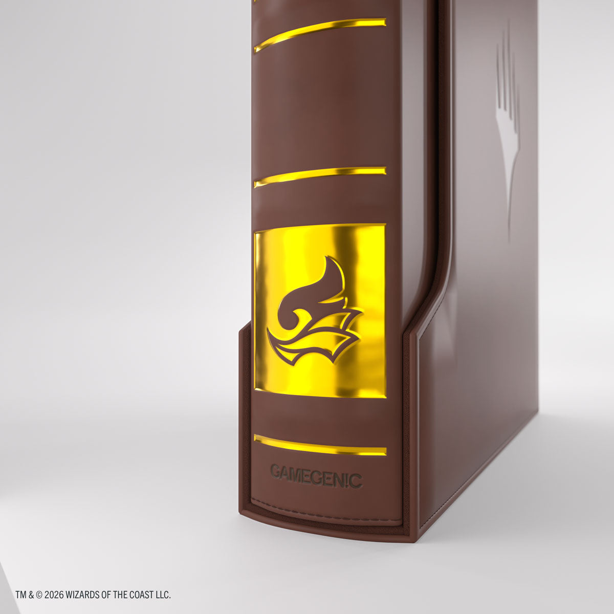 Gamegenic 18-Pocket Card Almanac: Secrets of Strixhaven - Prismari (PREORDER) - Brown binder with golden-yellow label featuring stylized phoenix emblem, sturdy spine with gold accents.