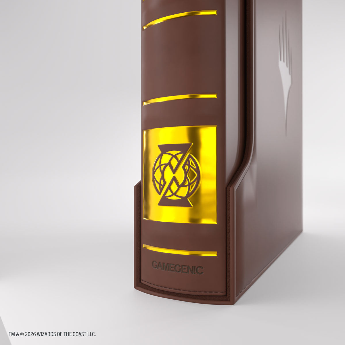 Gamegenic 18-Pocket Card Almanac: Secrets of Strixhaven - Quandrix (PREORDER) - Brown binder with gold-accented spine featuring a geometric emblem and 18-pocket card storage design.
