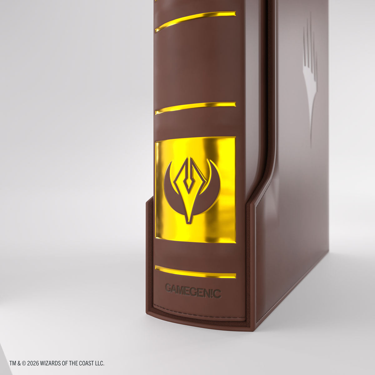 Gamegenic 18-Pocket Card Almanac: Secrets of Strixhaven - Silverquill (PREORDER) - Brown binder with gold foil detailing and a stylized emblem on the spine, designed for card storage.
