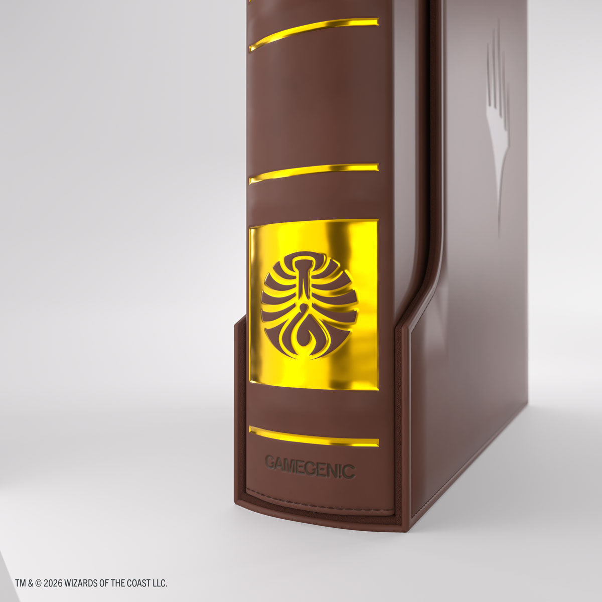 Gamegenic 18-Pocket Card Almanac: Secrets of Strixhaven - Witherbloom (PREORDER) - Brown binder with gold embossed spider emblem and yellow horizontal stripes, labeled Gamegenic.