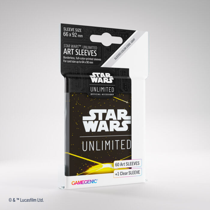 Star Wars: Unlimited Art Sleeves - Space Yellow - Pack of 60 yellow Star Wars Unlimited art sleeves with black and white Star Wars logo on packaging.