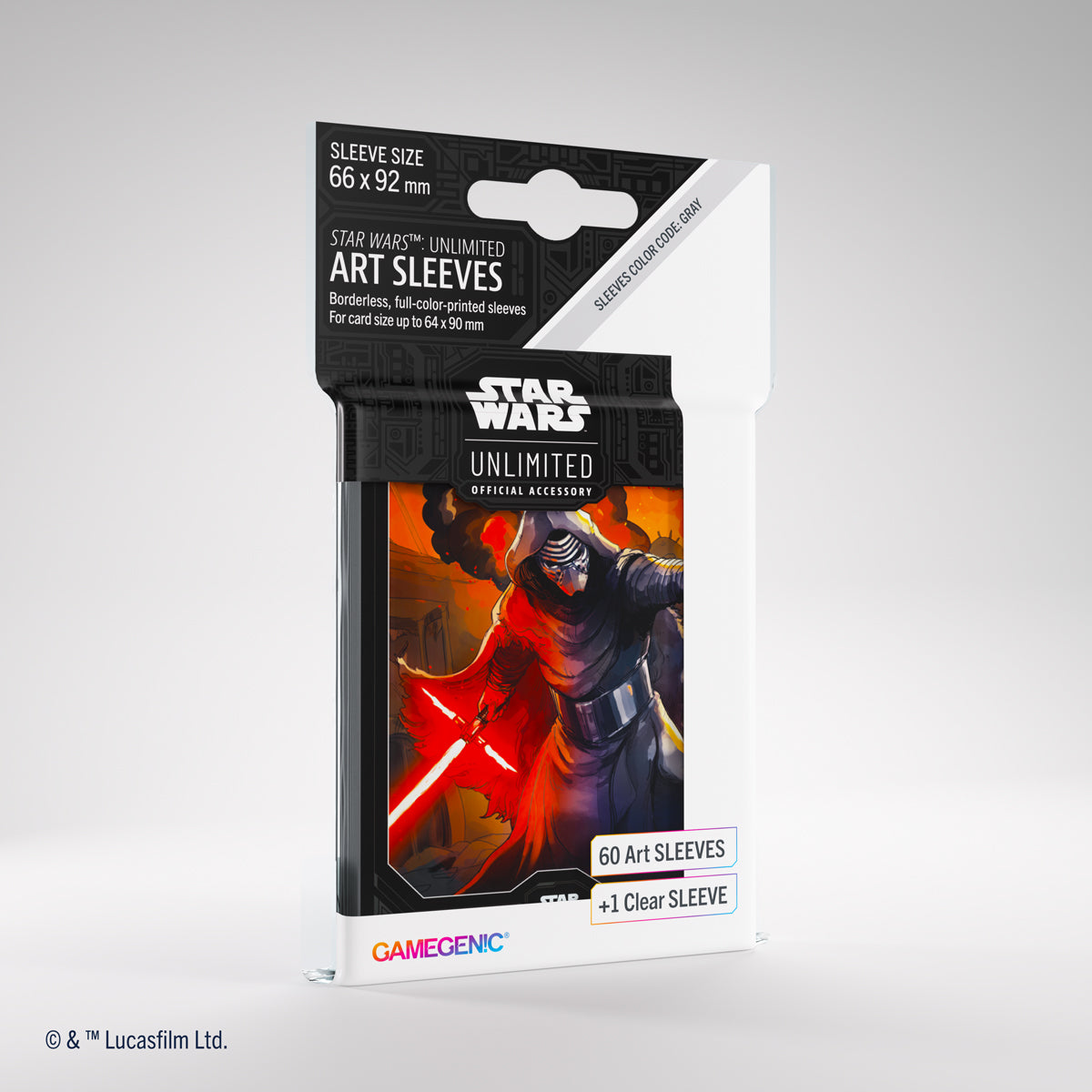 Star Wars: Unlimited Art Sleeves - Kylo Ren - Card sleeves featuring Kylo Ren holding a red lightsaber with dark red and black background, designed for 66 x 92 mm cards.