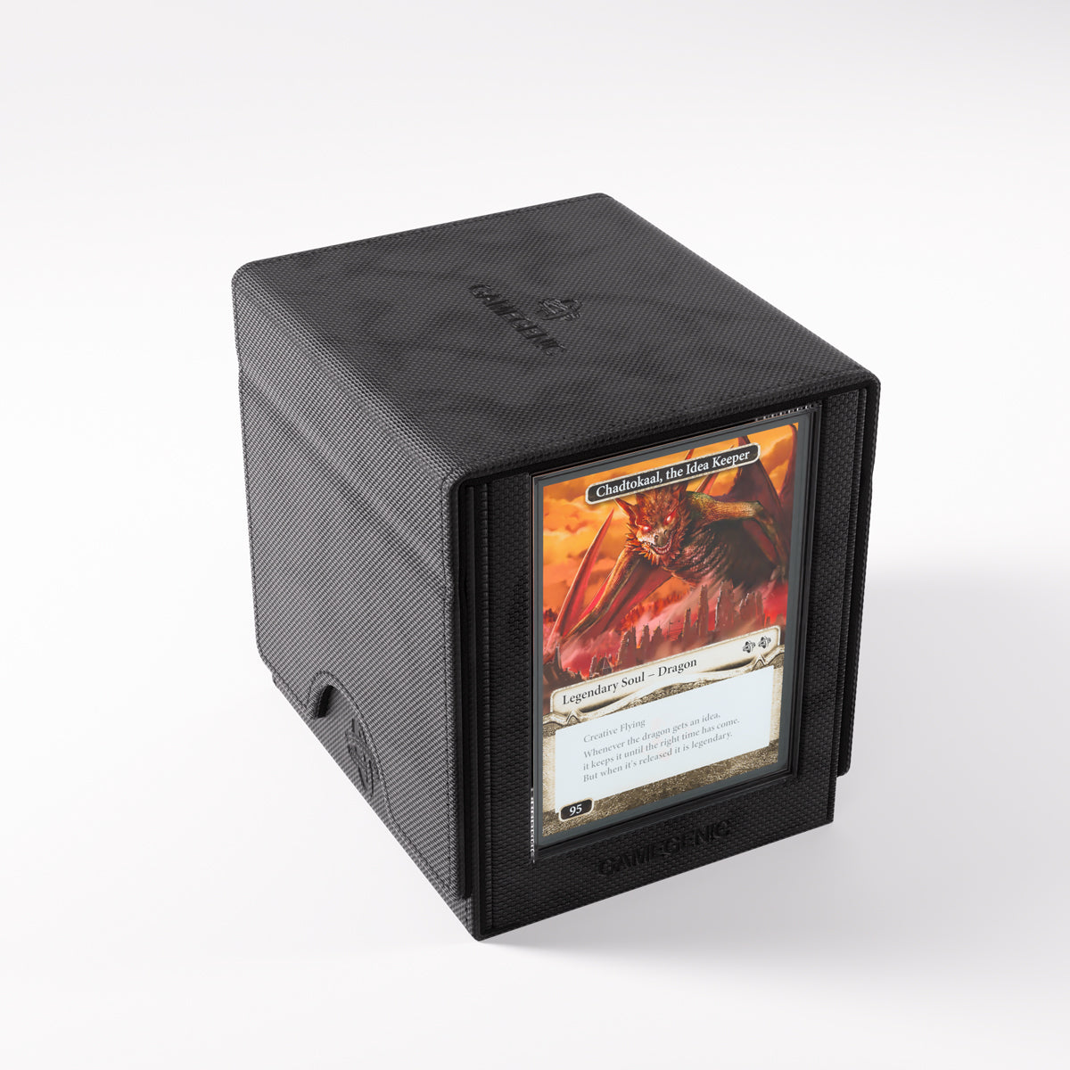 Deck Box: Sidekick PRO 100+ XL Convertible Black - Black rectangular deck box with textured surface and transparent front window showing a collectible card inside.